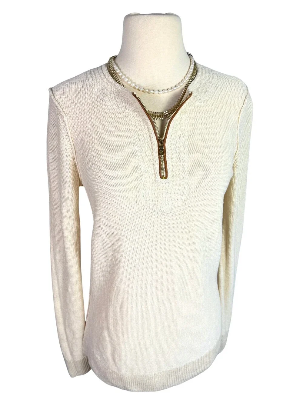Tory Burch 100% Linen Quarter Zip Sweater Leather Trim Ivory Small